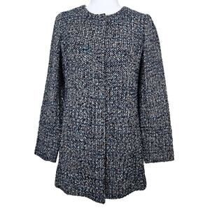 Talbots Boucle Tweed Coat Womens 4 Blue Italian Fabric Snap Front Mid Length